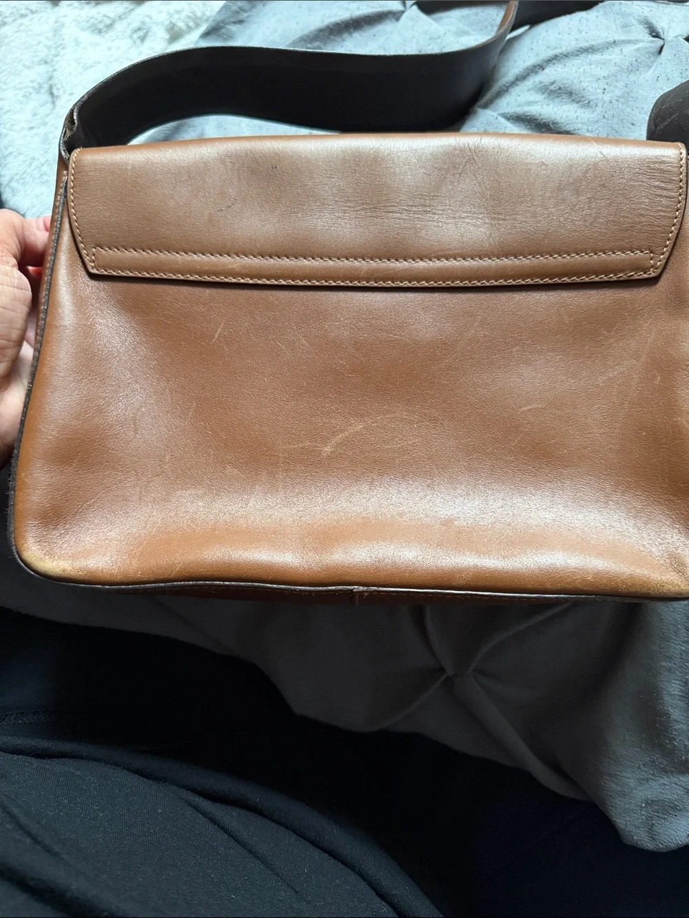 PRADA Tan Leather Messenger Bag with Wide Shoulder Strap